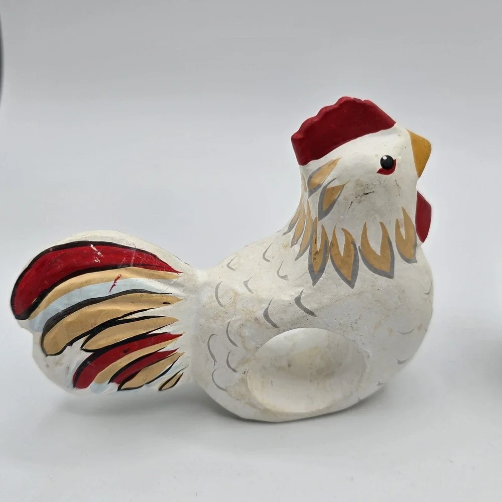 2 Wooden‎ Napkin Rings Farmhouse Country Chicken Hen Roosters Hand Painted